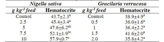 Bảng 1. Tỷ lệ phần trăm Hematocrite của cá rô phi trong chế độ ăn bổ sung Nigella Sativa và Gracilaria Verrucosa trong 7 ngày thử nghiệm